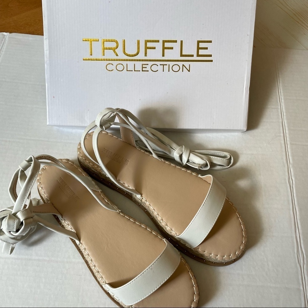 Truffle Collection, Wrap Strap Espadrilles, White And Tan Size 9